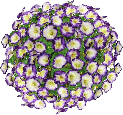 Artificial Hanging Flowers Basket, Fake Plants, Faux Silk Petunias Eucalyptus, for Spring Summer Outdoor Decoration, UV Resistant, Coconut Planter wtih Morning Glories, for Patio Garden Decor (Purple)
