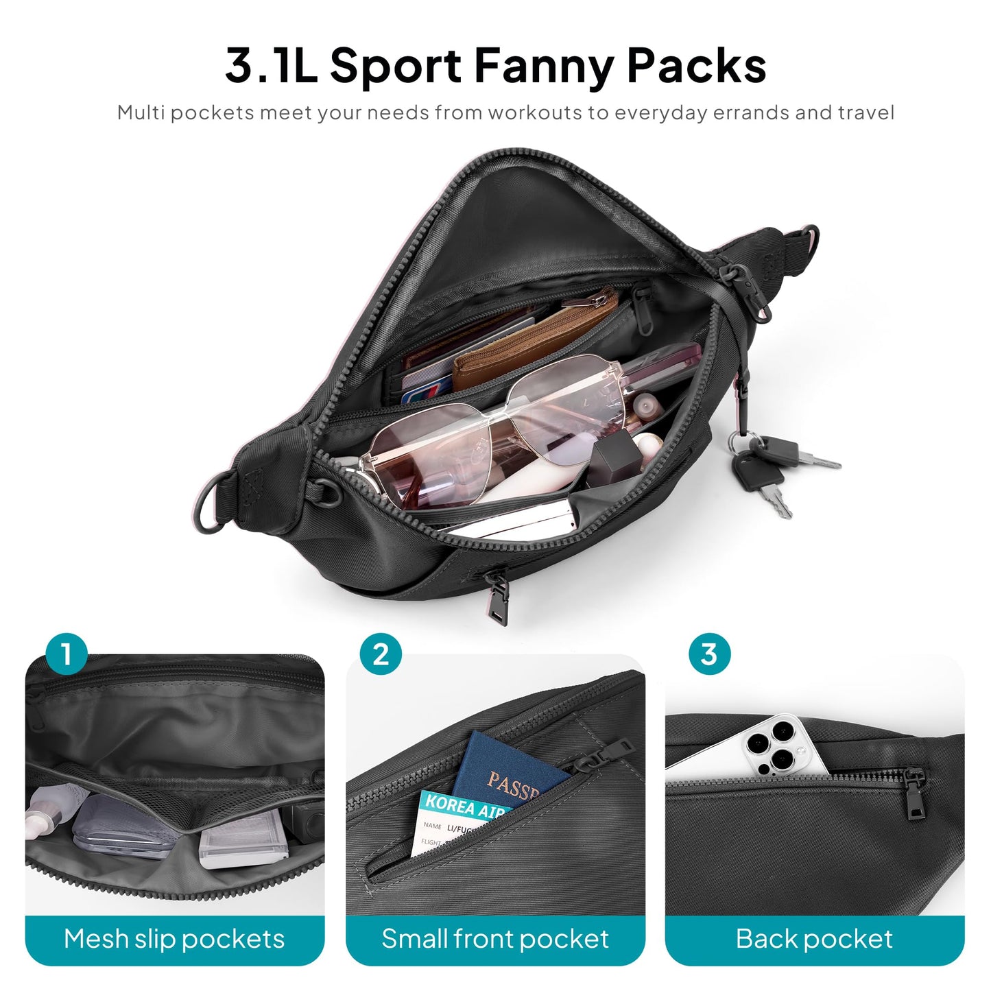 TOPEAST Fanny Pack for Women, Anti-Theft Travel Belt Bag Crossbody Sling Bag Purse with RFID Blocking, Small Fashion Bum Bag with Multiple Pockets for Hiking Walking Sport, Black