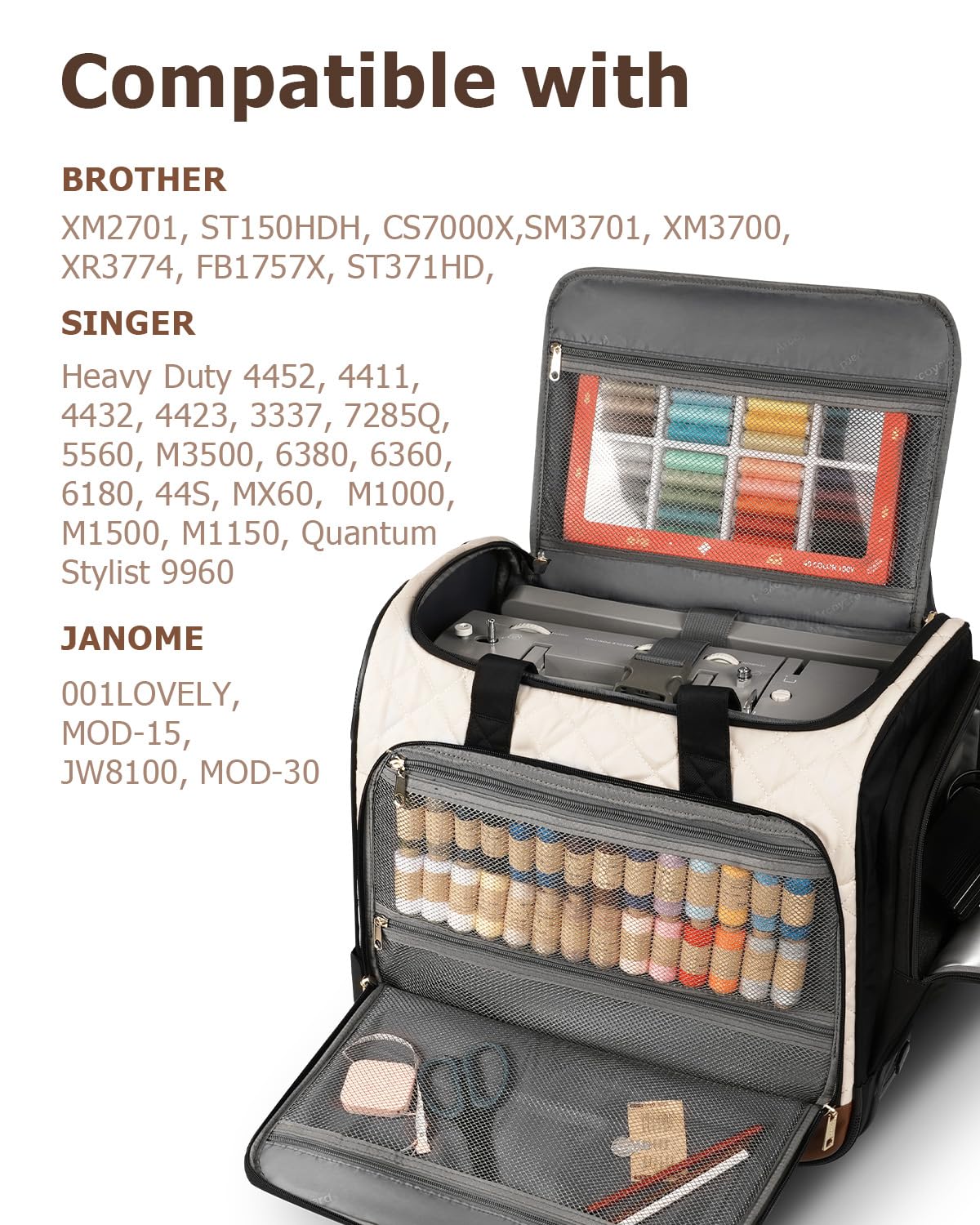 Arcoyard Sewing Machine Case with Wheels, Rolling Sewing Machine Carrying Case with Removable Bottom Pad & 2 Packing Cubes Storage, No Installation Required, Compatible with Singer, Brother, Brown