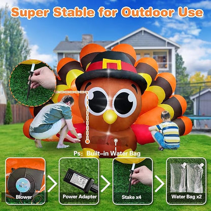 Thanksgiving Inflatables Turkey Outdoor Decorations 8FT Fall Inflatable Turkey with Built-in LED Lights with Big Tail Blow up Outdoor Lawn Yard Decoration