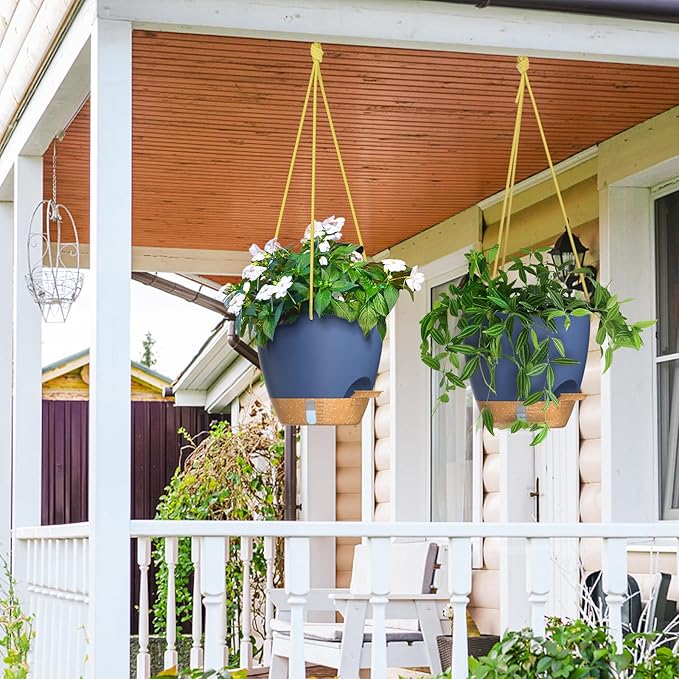 ZMTECH 10 Inch Hanging Planters for Indoor Plants & Outdoor - 2 Pack Self-Watering Hanging Pots with Drainage Holes, Visual Reservoir, Plastic Hanging Baskets Flower Pots with Removable Saucer, Blue