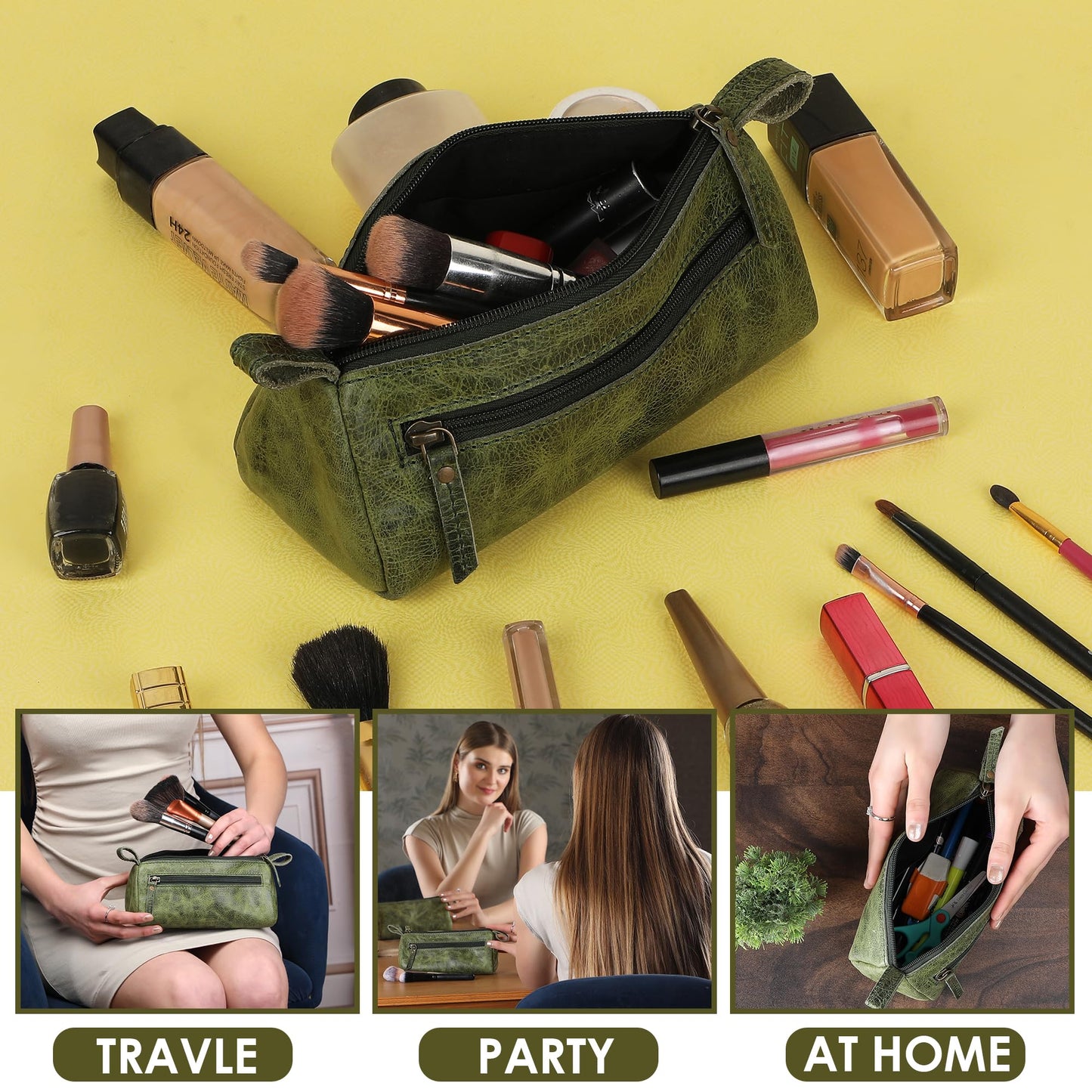 TheAntiq Leather Makeup Bag for Women – Genuine Leather Cosmetic Bag Travel, Handmade Zippered Makeup Pouch, Small Toiletry Bag, Shaving Kit & Stationery Organizer- Forest Green