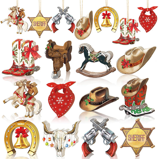 36 Pcs Western Christmas Ornaments Wooden Cowboy Western Ornaments for Christmas Tree Decorations Cowboy Xmas Decor Hat Boots Horse Cutouts Hanging Crafts for Farmhouse Home Wreath Indoor Party