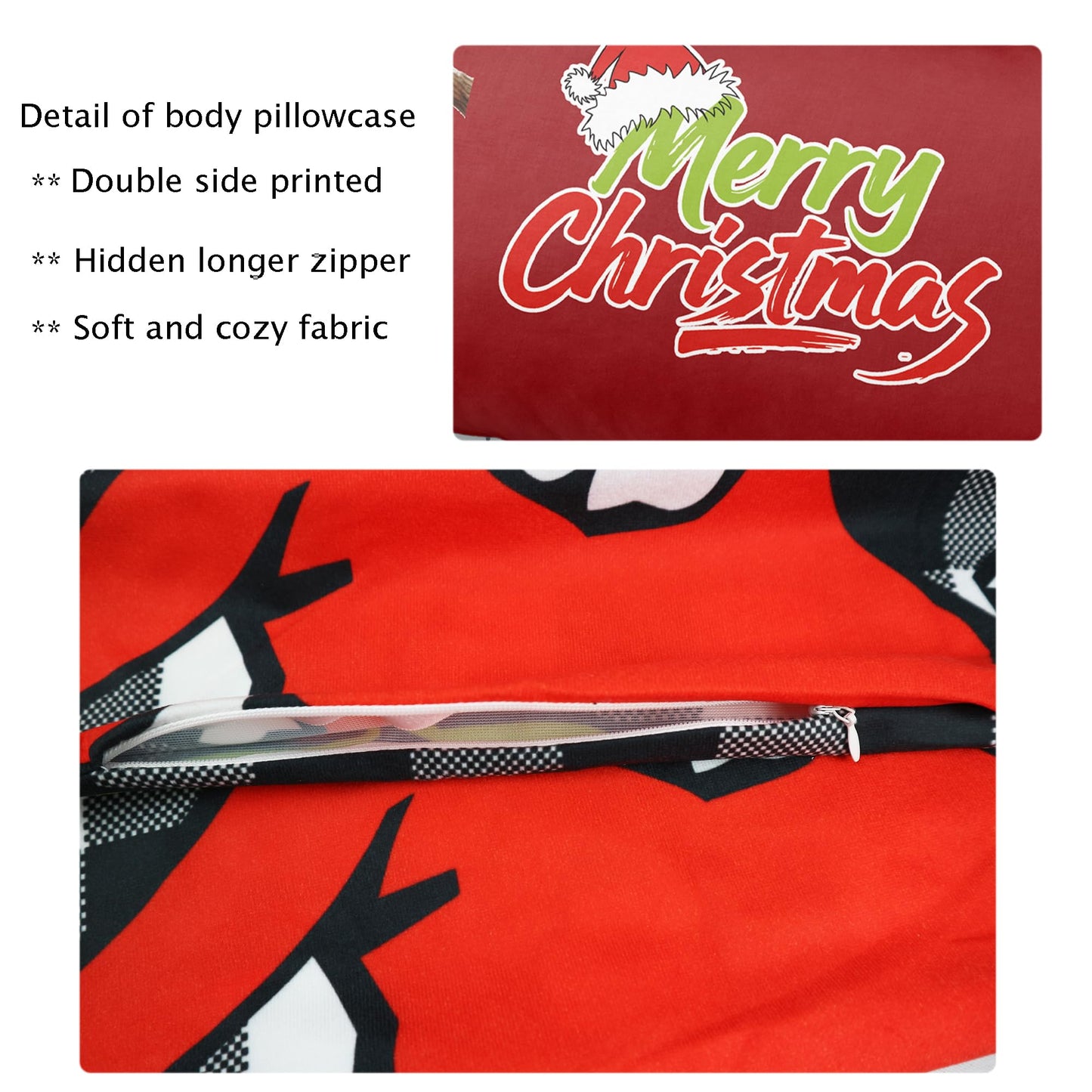 Cuteiush Christmas Body Pillowcase Xmas Holiday Red Large Body Pillowcovers Winter Sofa Home Decoration Cushion Pillow Protector 20x54inch
