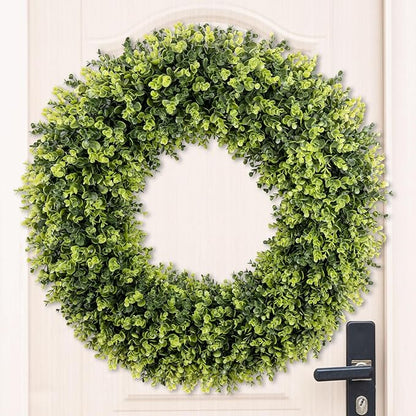 32 Inch Extra Large Boxwoods Green Spring Artificial Wreath for Front Door, Year Round Spring Summer Winter Wreaths for Wall Window Porch Home Farmhouse Outdoor Outside Indoor Decorations