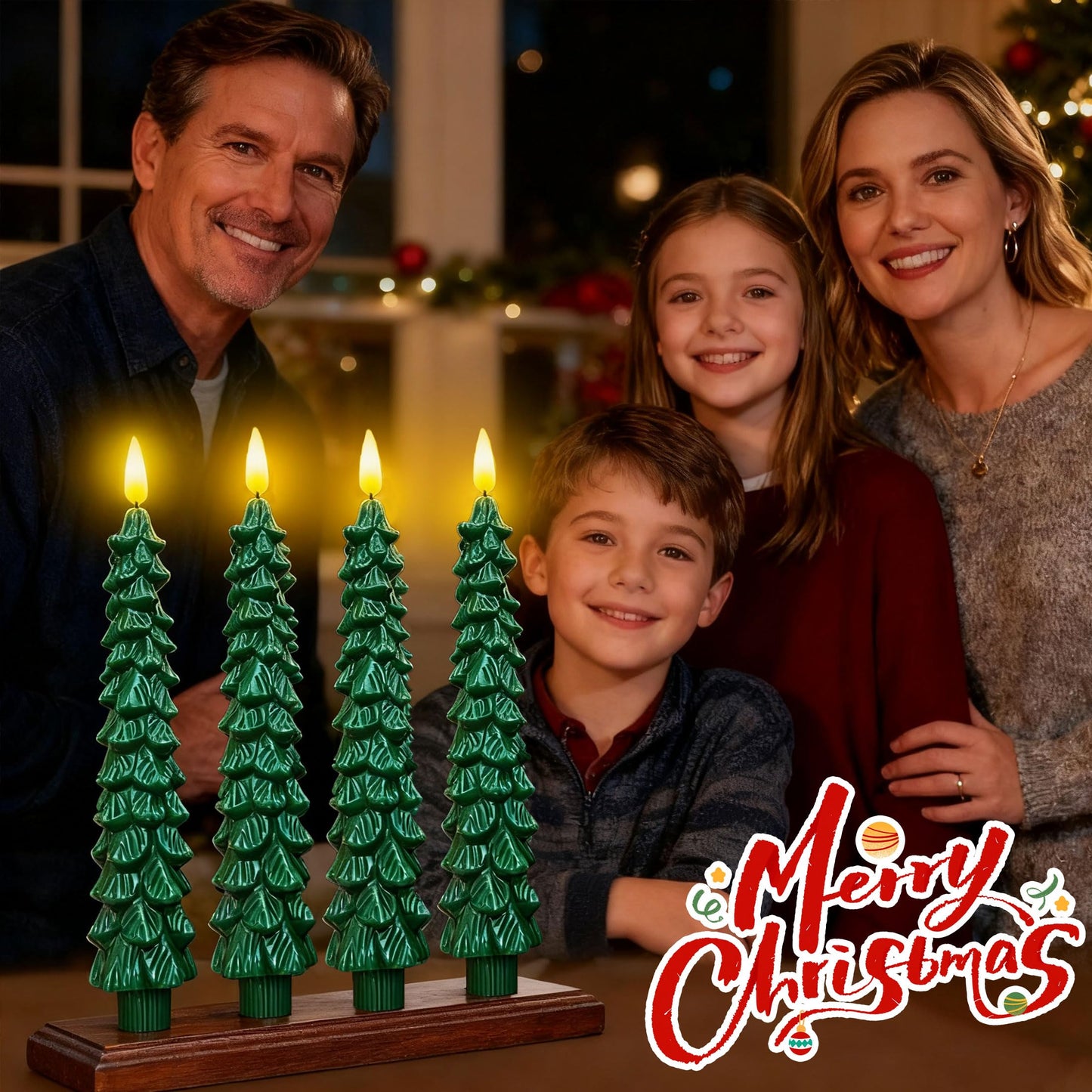 Qaeshi Christmas Tree Candles with Remote, Real Wax LED Flameless Taper Candles, Battery Operated 3D Flickering Candlesticks, Tree Taper Candle for Window Home Christmas Table Decorations (1pcs)