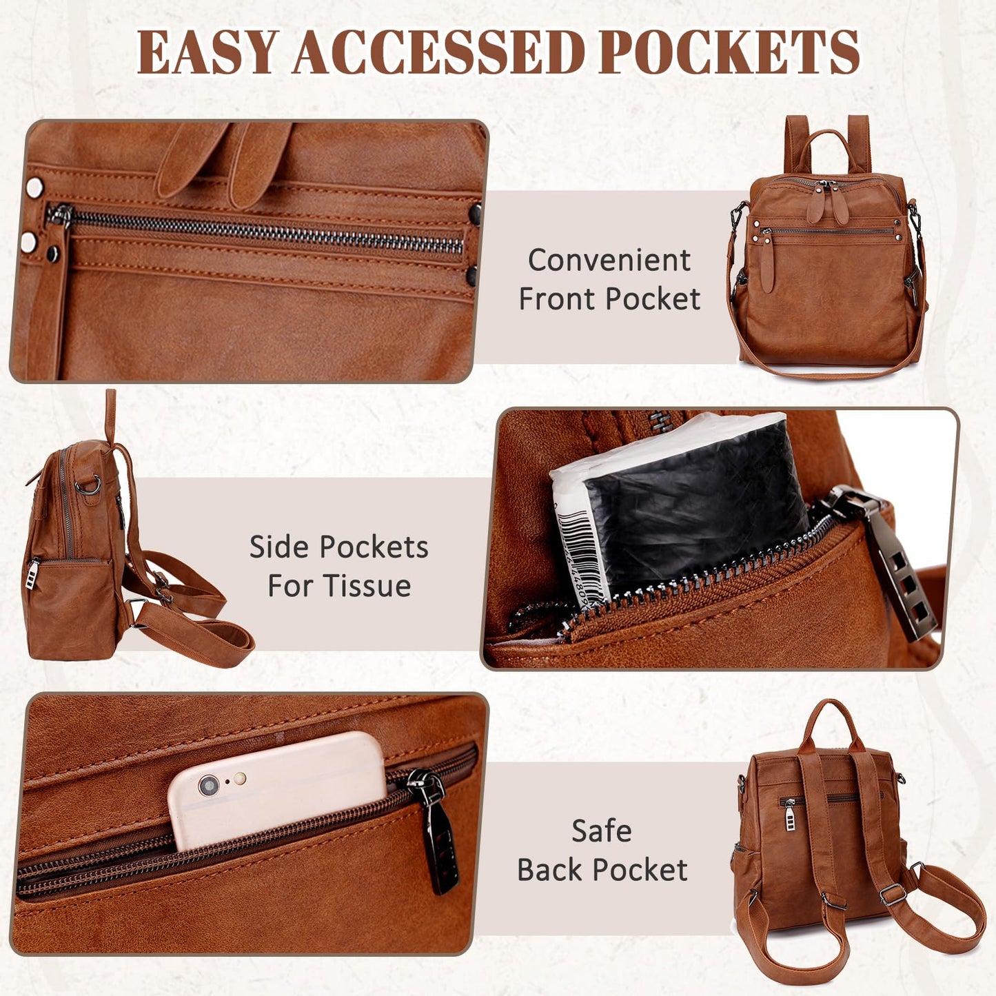VX VONXURY Backpack Purse for Women, PU Leather Fashion Convertible Backpack Shoulder Bag Ladies Rucksack In 2 Ways To Carry Brown