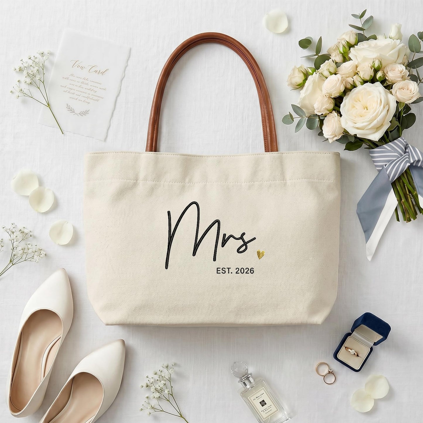 Ugiftcorner Mrs Gifts for Bride Tote Bag 2026, Embroidered Canvas Wedding Essential Bag with Leather Handle & Pocket, Bridal Shower Gift for Bride to Be, Bachelorette Honeymoon Future Mrs Beach Bag