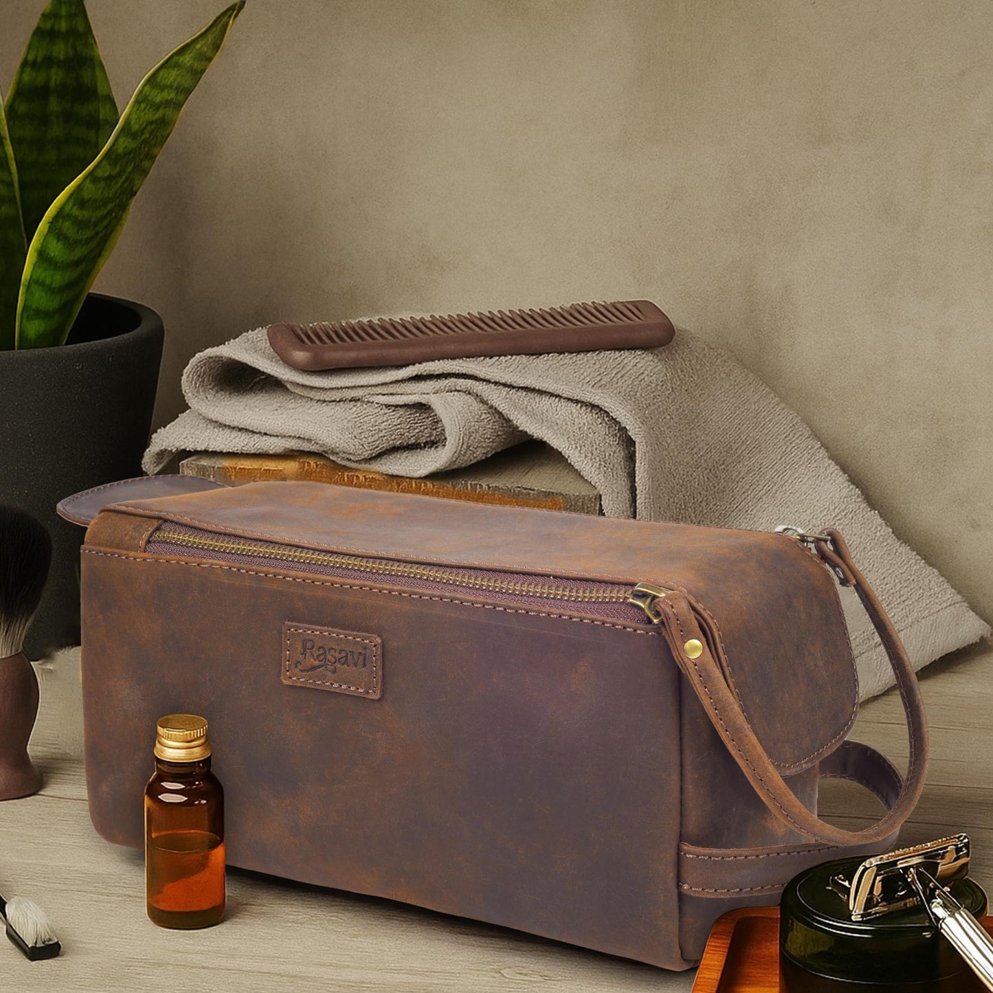 Rasavi Genuine Leather Travel Toiletry Bag for Men & Women, Handcrafted Vintage Dopp Kit, Water-Resistant Shaving & Bathroom Essentials Organizer - Rustic Brown