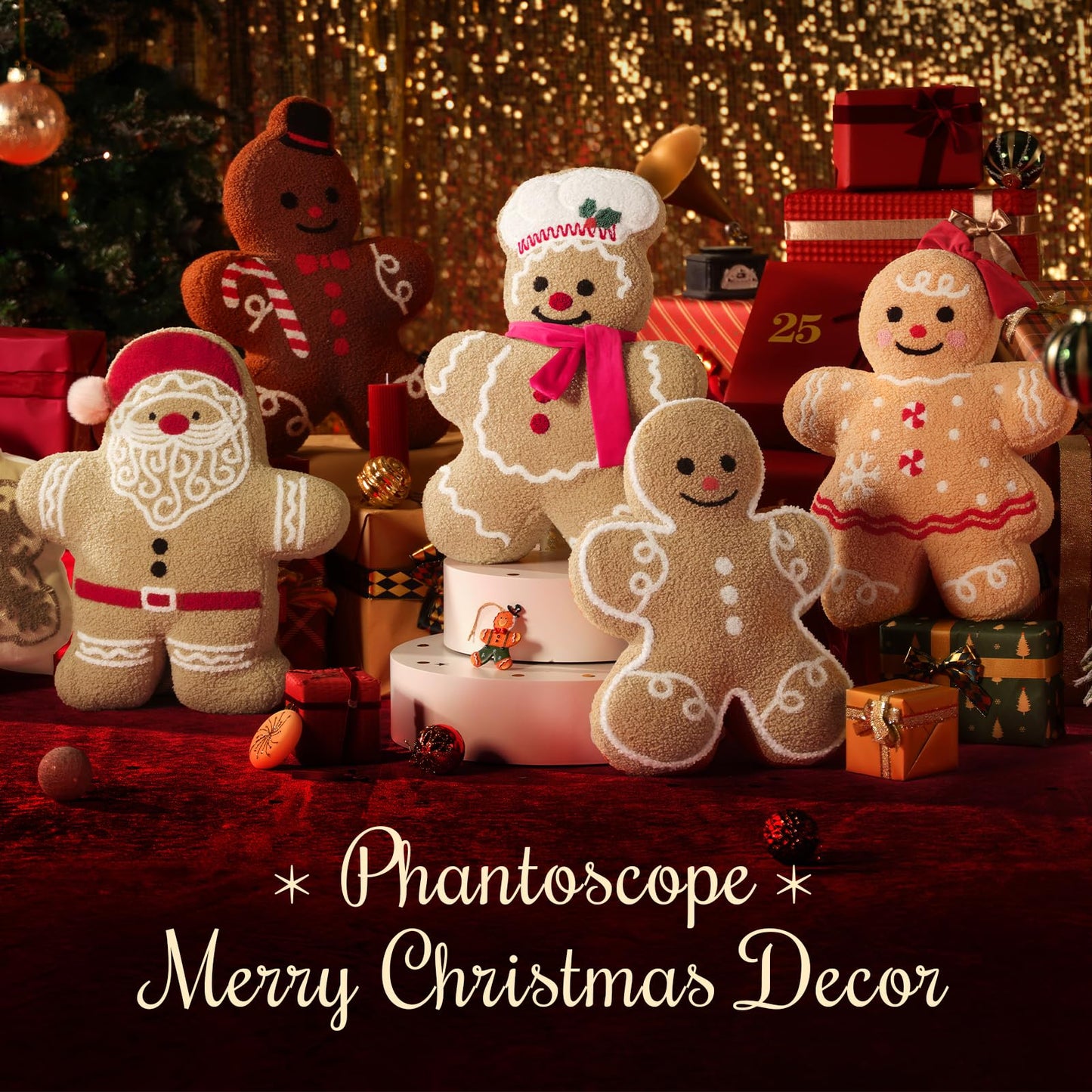 Phantoscope Gingerbread Merry Christmas Throw Pillow, Plush Teddy Xmas Gingerbread Shaped Pillows with Chef Hat & Scarf, Christmas Decorative Pillow for Couch Living Room Bed, Beige, 20 x 13.5 inches