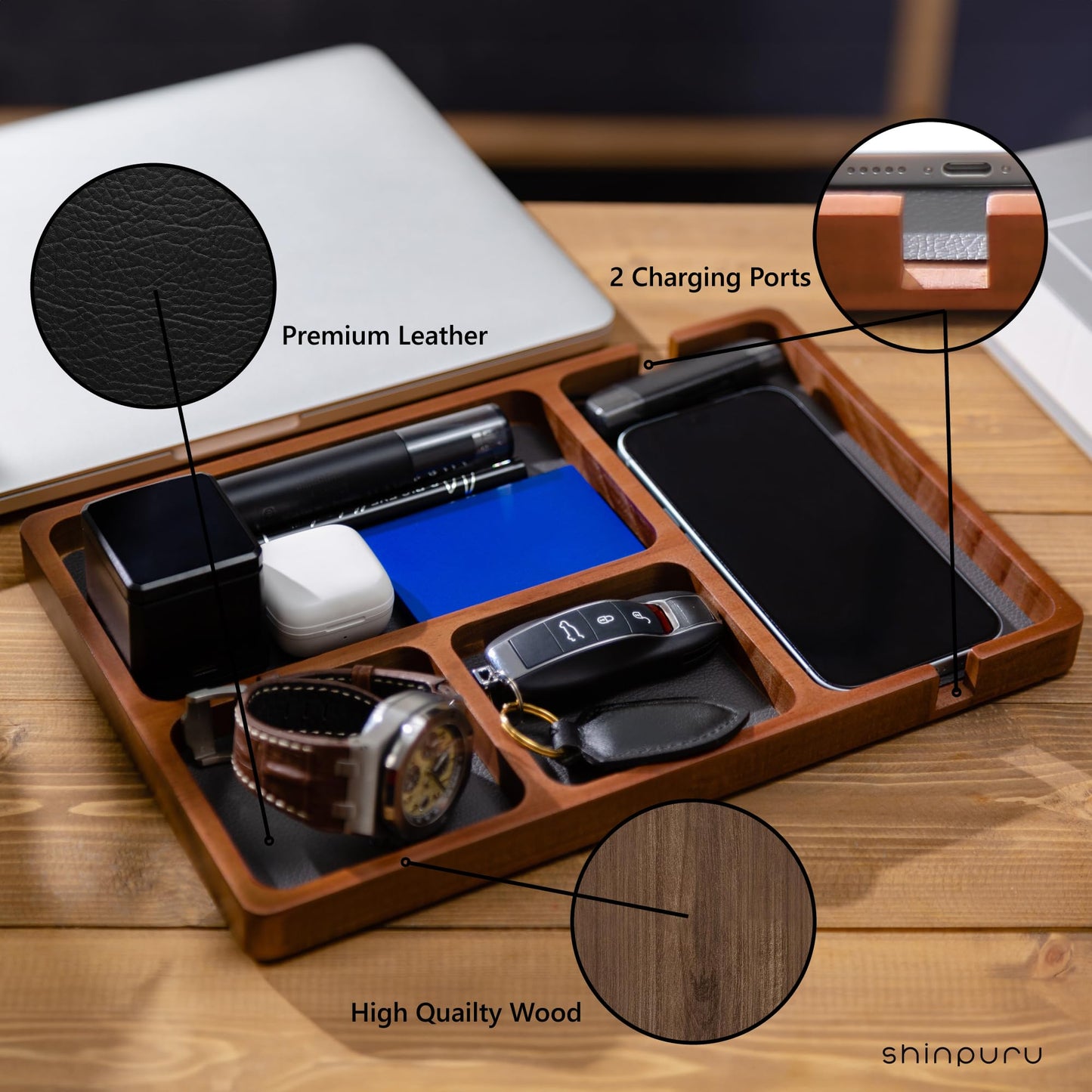 Shinpuru Wooden Valet Tray for Men, Nightstand Organizer with Leather Inlay, EDC Essentials Catchall Tray for Keys, Phone, Wallet, Watch, Earbuds - Bedside Desk Entryway Tray (Wood)