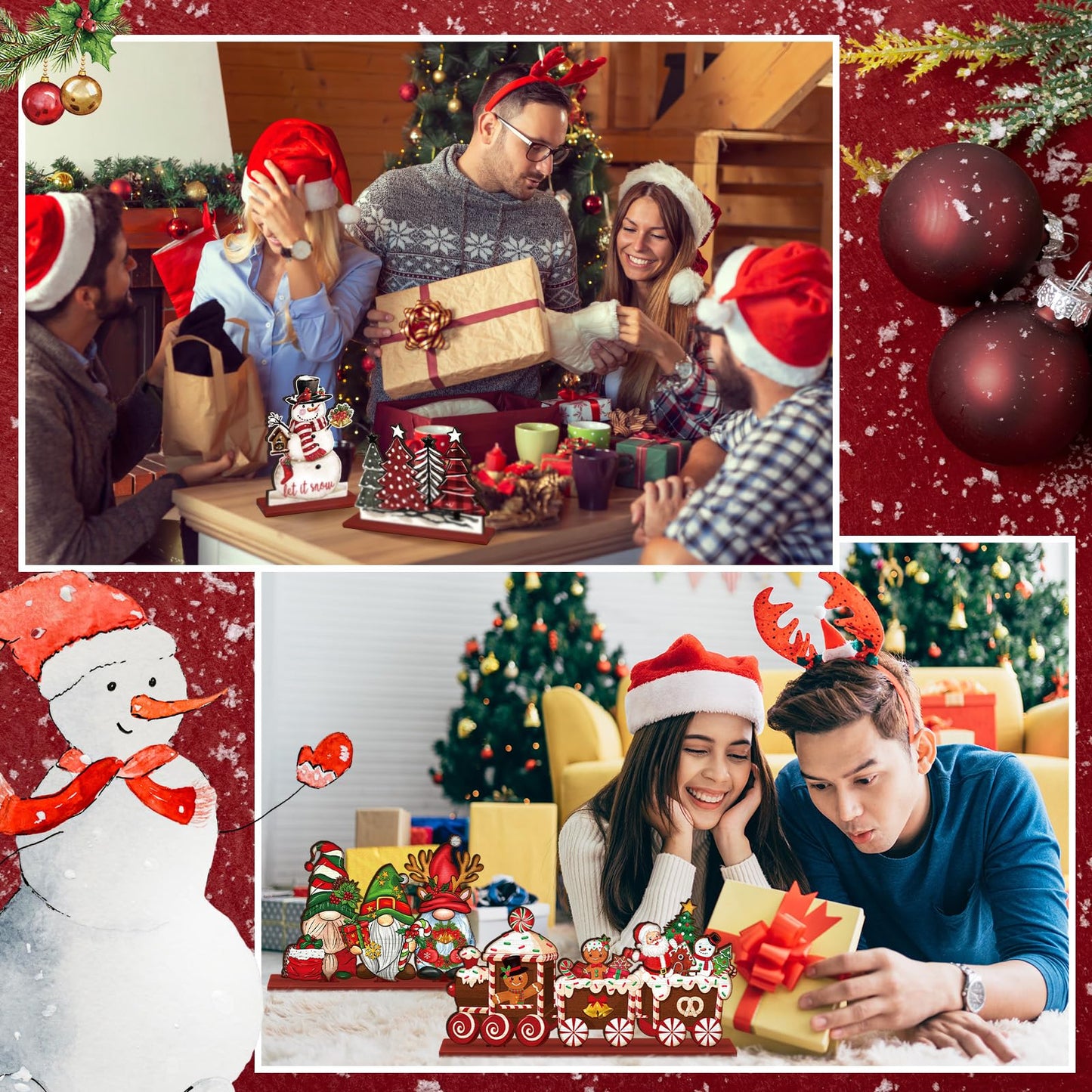 Realspring 6 Pcs Christmas Table Decorations Wood Centerpieces Decor Merry Christmas Gingerbread Gnome Xmas Tree Tabletop Standing Signs(Classic Style)