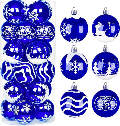 Joiedomi 24 Pcs Christmas Ball Ornaments, Blue & White 2.3” Deluxe Delicate Painting & Glittering Shatterproof Christmas Tree Ornaments for Wreath Garland Holiday Indoor Party
