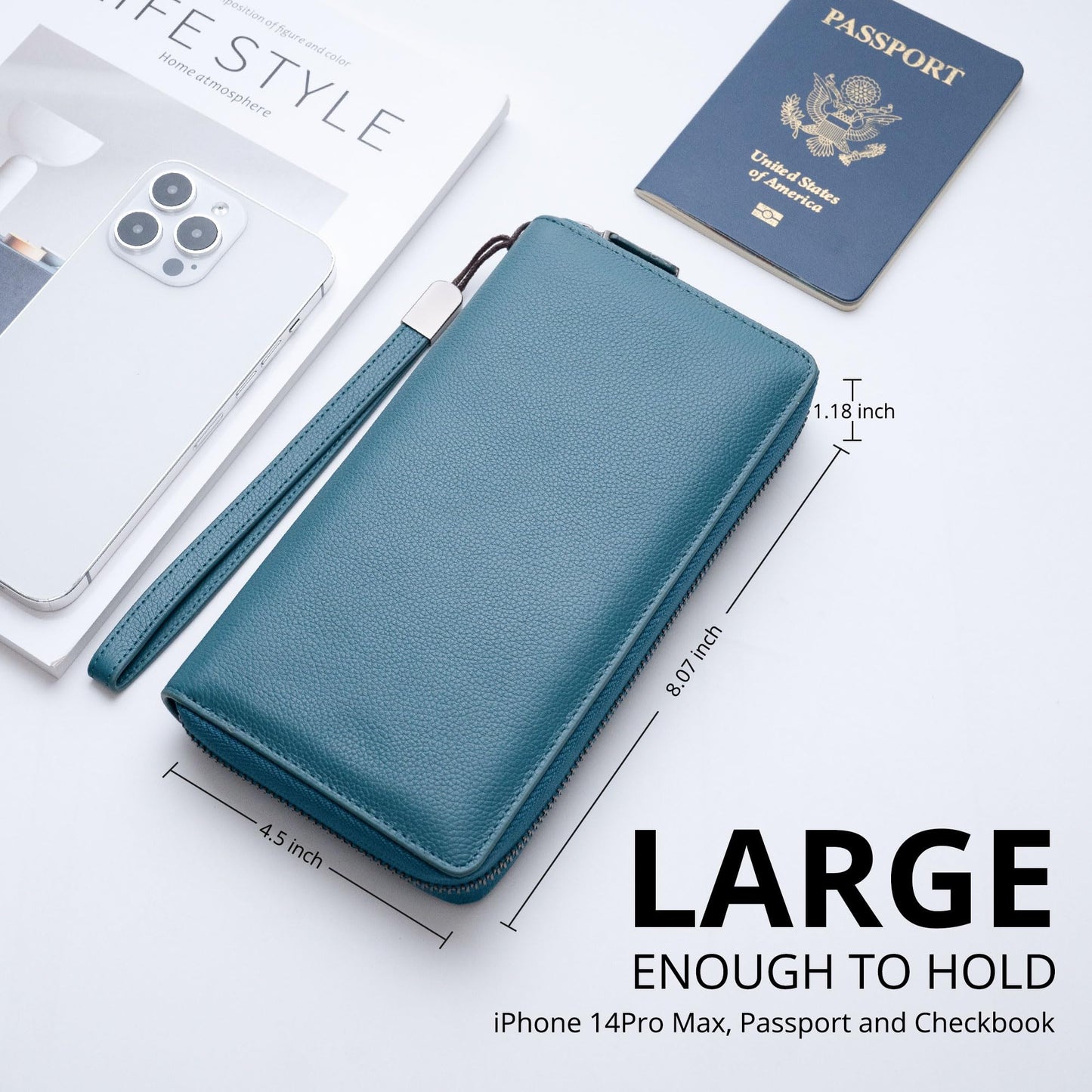 Bveyzi Women RFID Blocking Wallet Leather Zip Around Phone Clutch Large Capacity Ladies Travel Purse Wristlet (Lake Blue)