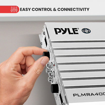 Pyle Hydra Marine Amplifier - Upgraded Elite Series 400 Watt 4 Channel Audio Amplifier, Waterproof, 12 volt, Dual MOSFET Power Supply, GAIN Level Controls, RCA Stereo Input & LED Indicator - PLMRA400