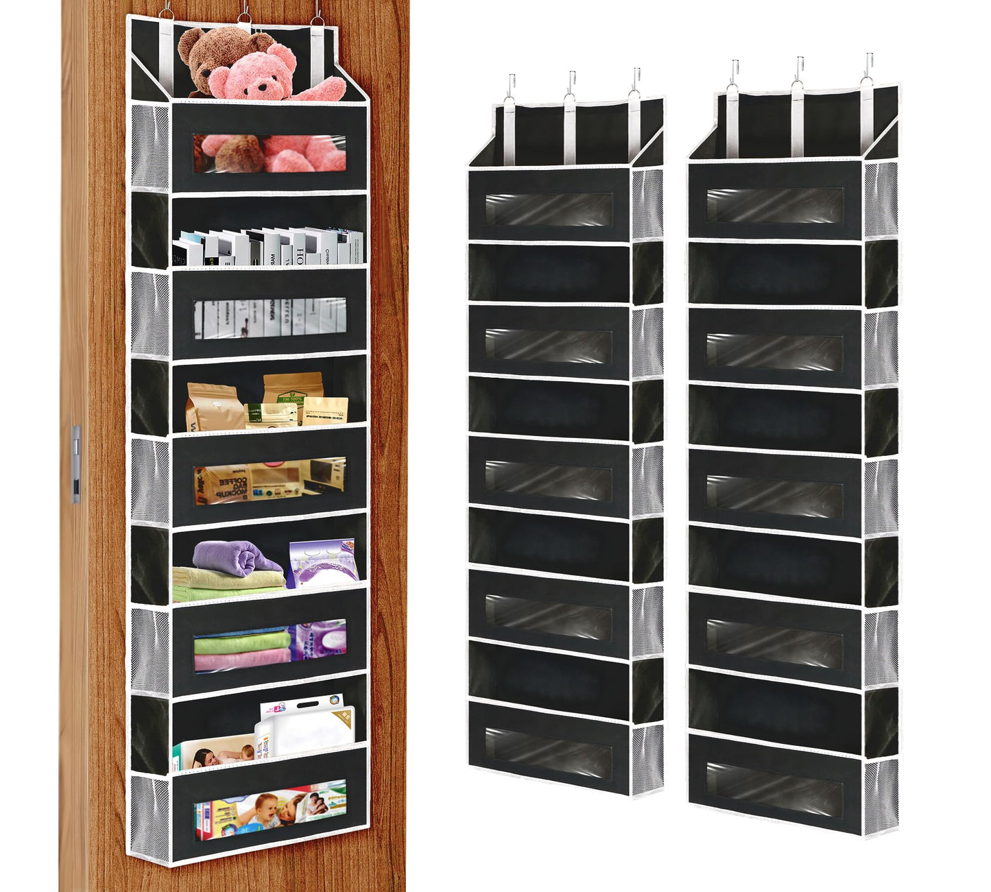 2 Packs 5-Tier Over The Door Organizer with 10 Side Mesh Pockets, 48 lbs Load Capacity, 3 Hooks Design, Hanging Organizer with Clear Windows for Bathroom, Bedroom, Nursery, Kitchen-Grey