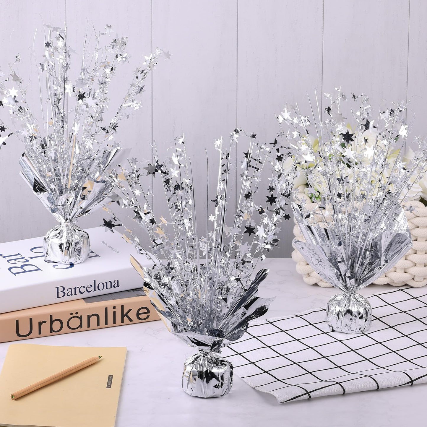 6 Pack Metallic Foil Spray Centerpiece Star Table Decoration Burst Table Centerpieces for Birthday Weddings Anniversaries Christmas New Year Holiday Party Supplies Decor (Silver)