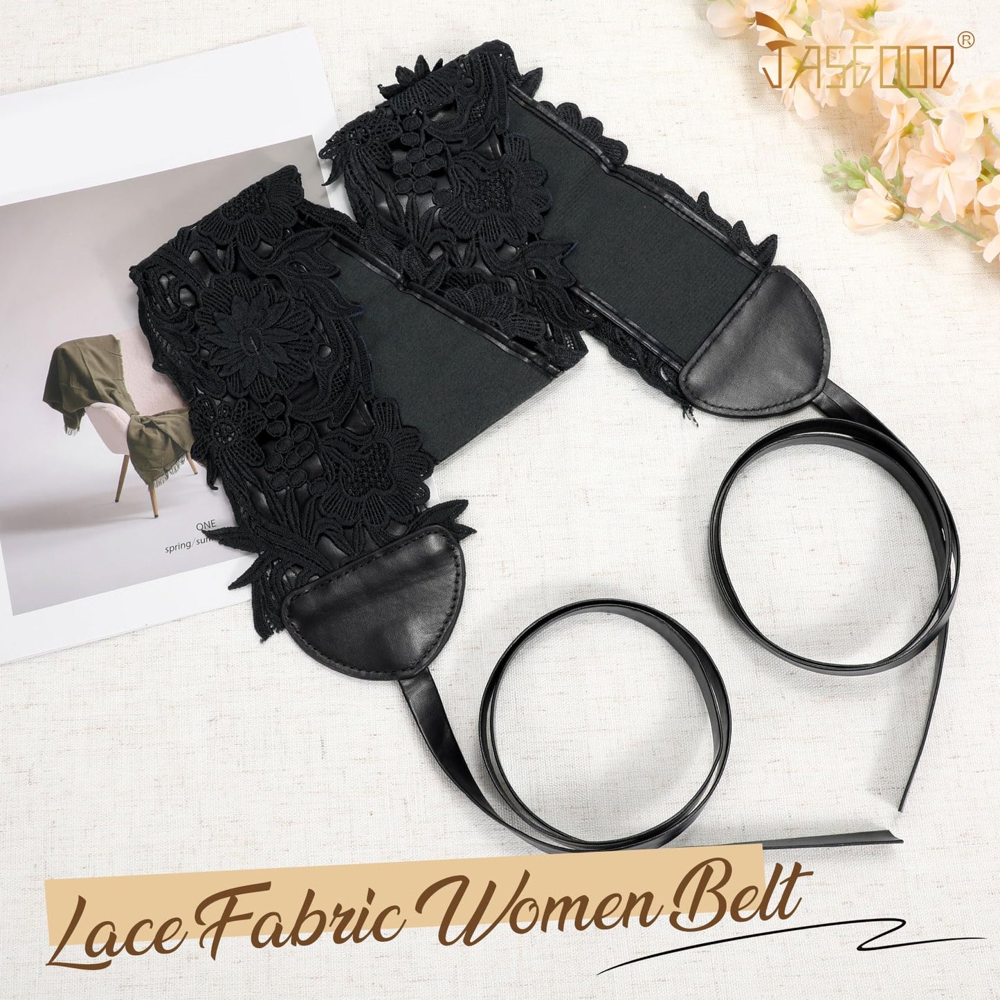 JASGOOD Women Lace Waist Belt Corset Waist Band Belt For Dress Obi Bowknot Cinch Wide Belt Bow Tie Wrap Boho Faux Leather,Black