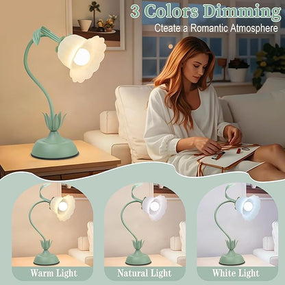 Vintage Flower Table Lamp, 3 Color Temperature Flexible Gooseneck Cute Desk Lamp for Bedroom, Kawaii Nightstand Bedside Lamps for Living Room, Dorm, Office, Home Decor (Green)