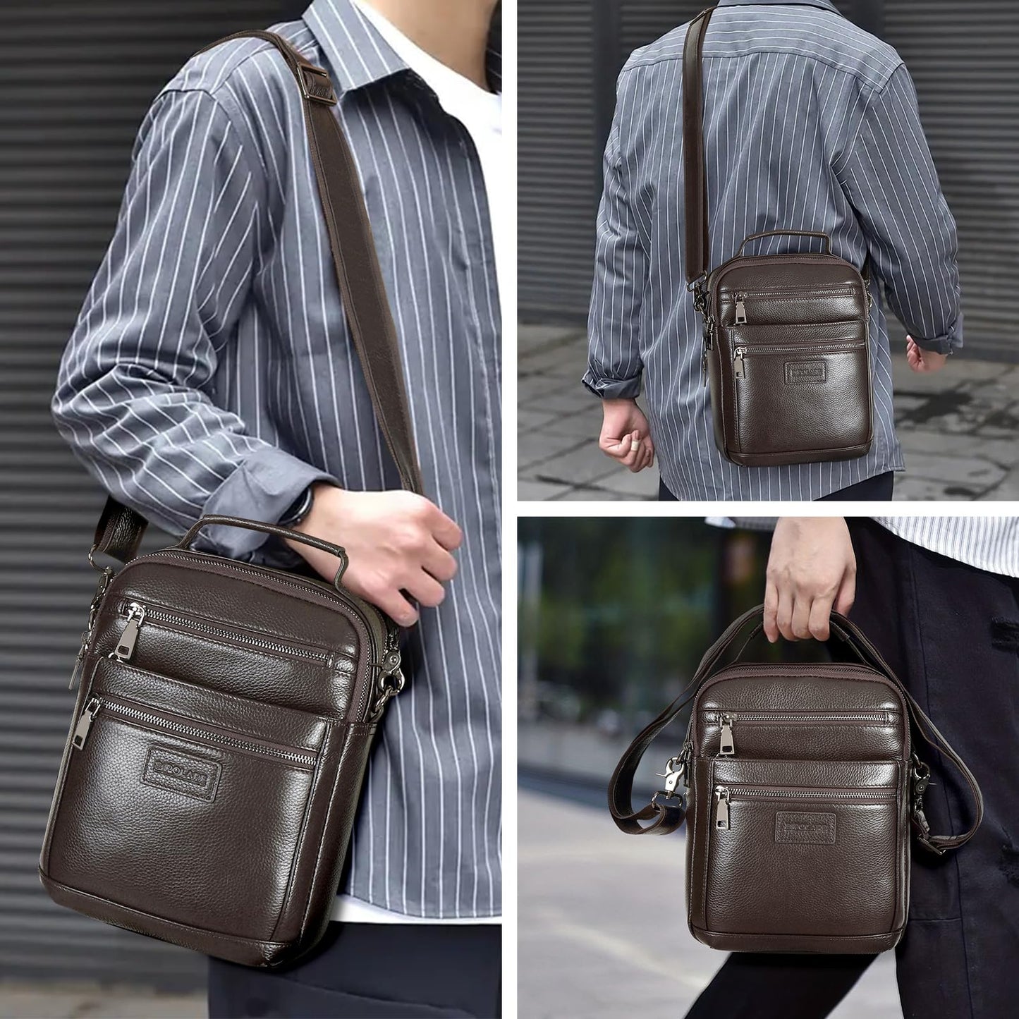 Polare Italian Full Grain Leather Messenger Bag Vintage Chest Shoulder Crossbody Bag Casual Sling Business Handbag for Men (Coffee)
