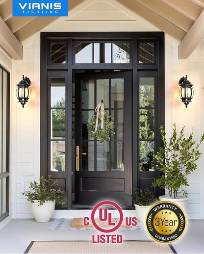VIANIS Dusk to Dawn Porch Lights Outdoor, Black Exterior Light Fixtures Wall Mount for House, 2 Pack Modern Coach Lights for Garage with Tempered Glass, Anti-rust Outdoor Wall Sconce Lantern for Patio