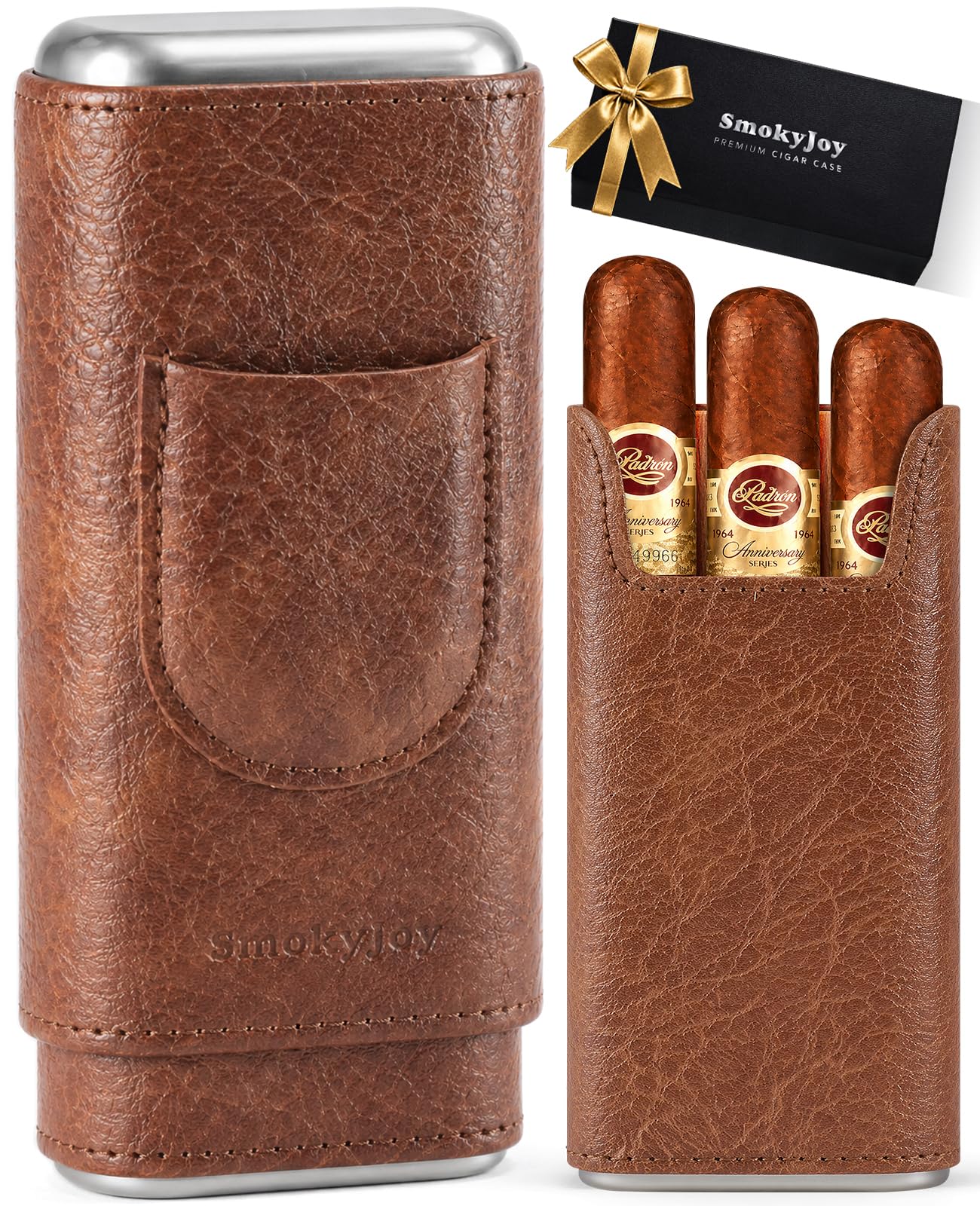 SmokyJoy Luxury Leather Cigar Travel Case Gift Set, Cedar Wood Lined Portable Humidor with V-Cut, Guillotine & Punch Cutter Tools, Premium Cigar Holder Accessory Gift Box for Cigar Enthusiasts, Brown