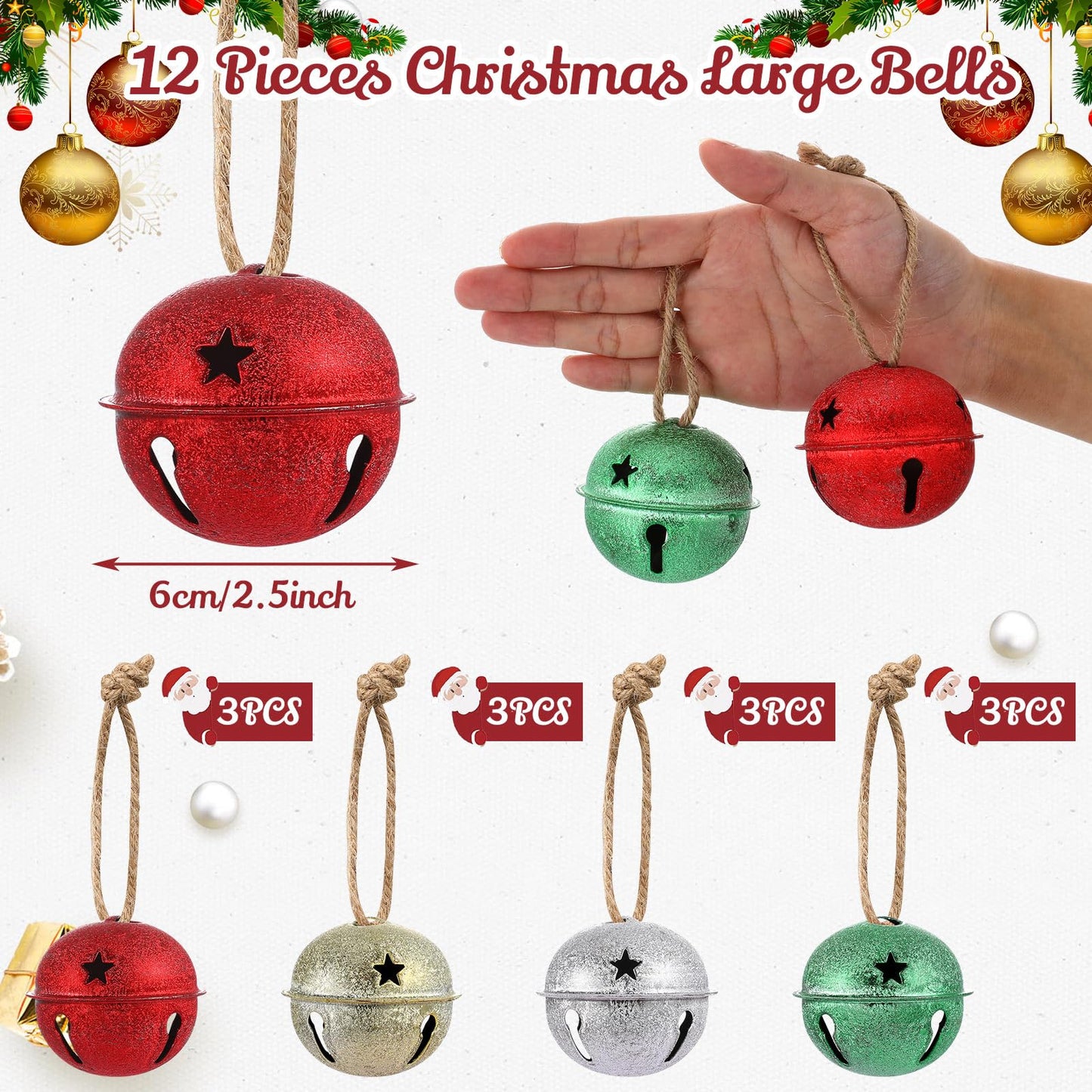 Zubebe Christmas Bells Jingle Bells Large 2.5 Inch Star Cutout Ornament for Crafts Christmas Tree Decor Gift Wrapping(Glitter Red, Green, Gold, Silver,12 Pcs)