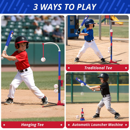 HYES 3-in-1 Baseball Set for Kids 3-5 - Tee Ball Stand, Hanging Tee, Ball Launcher and 6 Softballs - Adjustable Height, Indoor/Outdoor Sport Gifts for Boys Girls, Blue