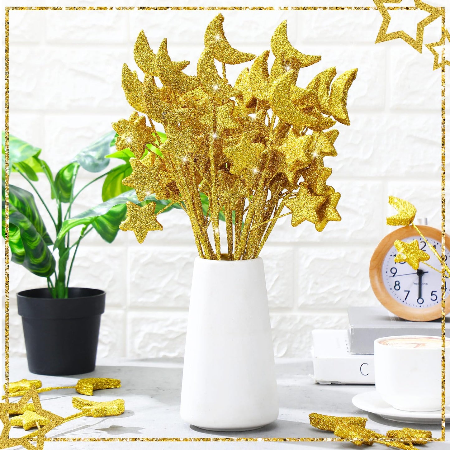 Wavwavw 24 Pcs Moon Star Floral Picks Gold Moon Star Stem Vase Filler Baby Shower Decor Glitter Twinkle Stem Table Decoration for Table Centerpiece Home Living Room Wedding Birthday Party, 12.2 Inch