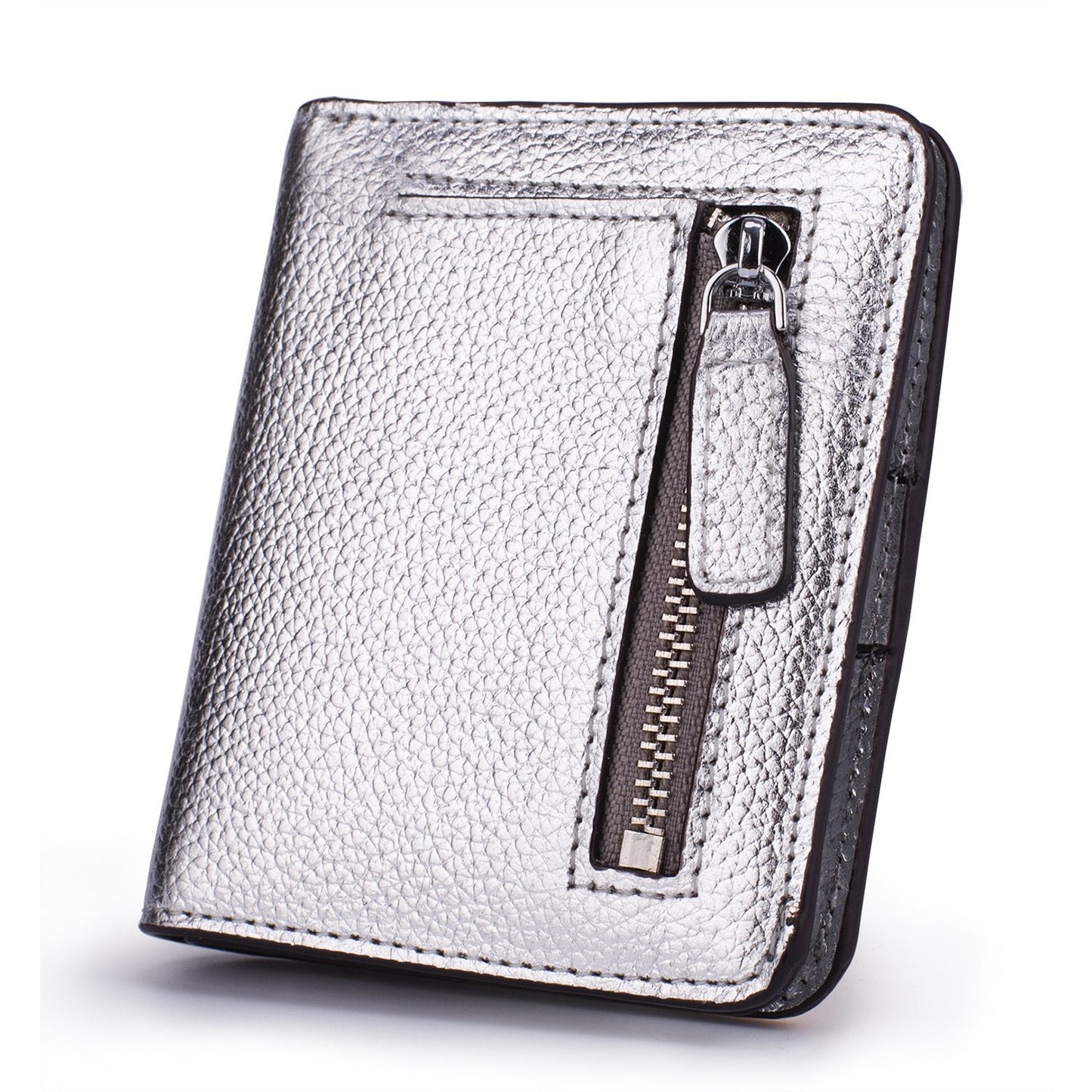 AINIMOER Small Leather Wallet for Women, Ladies Credit Card Holder RFID Blocking Women's Mini Bifold Pocket Purse, Silver