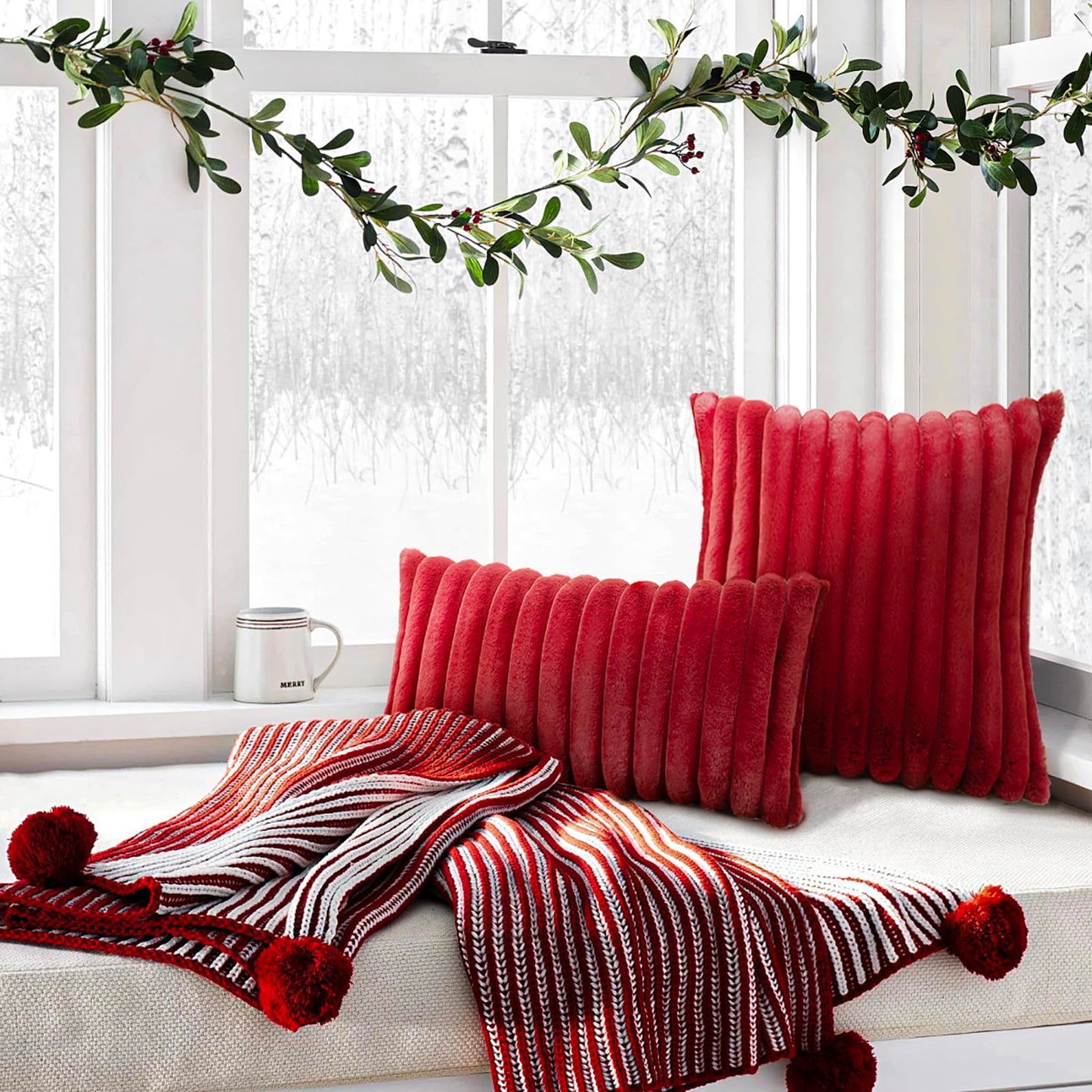 Uhomy Set of 2 Faux Fur Plush Christmas Red Decorative Throw Pillow Covers Fuzzy Striped Soft Pillowcase Cushion Covers for Sofa Couch Bedroom 12x20 inch 30x50 Cm Burgundy Red