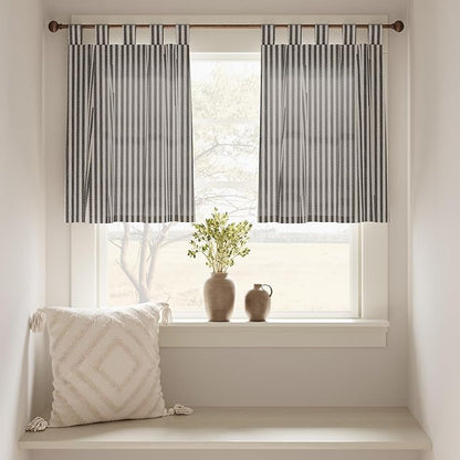 JINCHAN Tab Top Linen Kitchen Curtains 36 Inch Striped Tier Curtains Farmhouse Modern Cafe Style Small Window Treatments Airy Light Filtering Rod Pocket for Living Room Bathroom 2 Panels Charcoal Grey