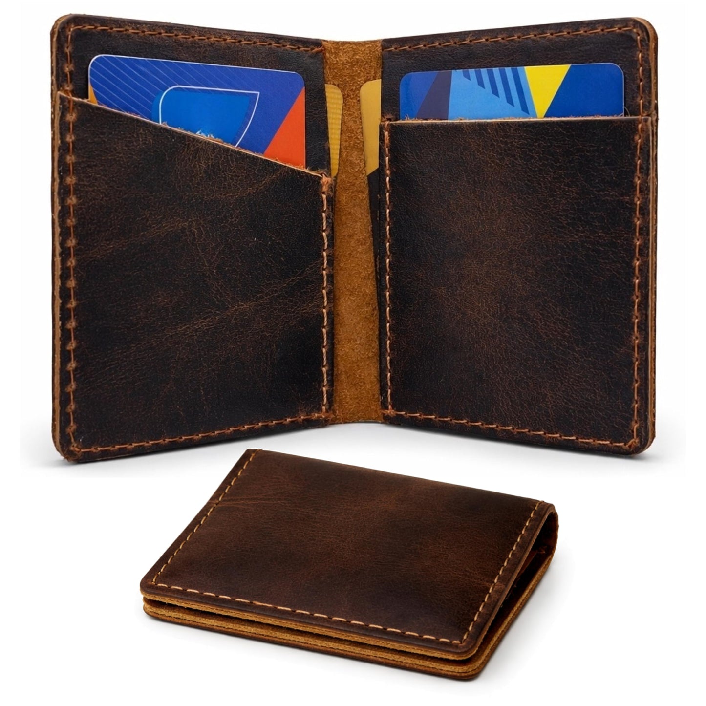 TheAntiq Credit Card Case Holder, Genuine Leather Bifold Wallet for Men and Women, Slim Minimalist Front Pocket Card Holder for Credit and Debit Cards, 4x3 Inches, Brown