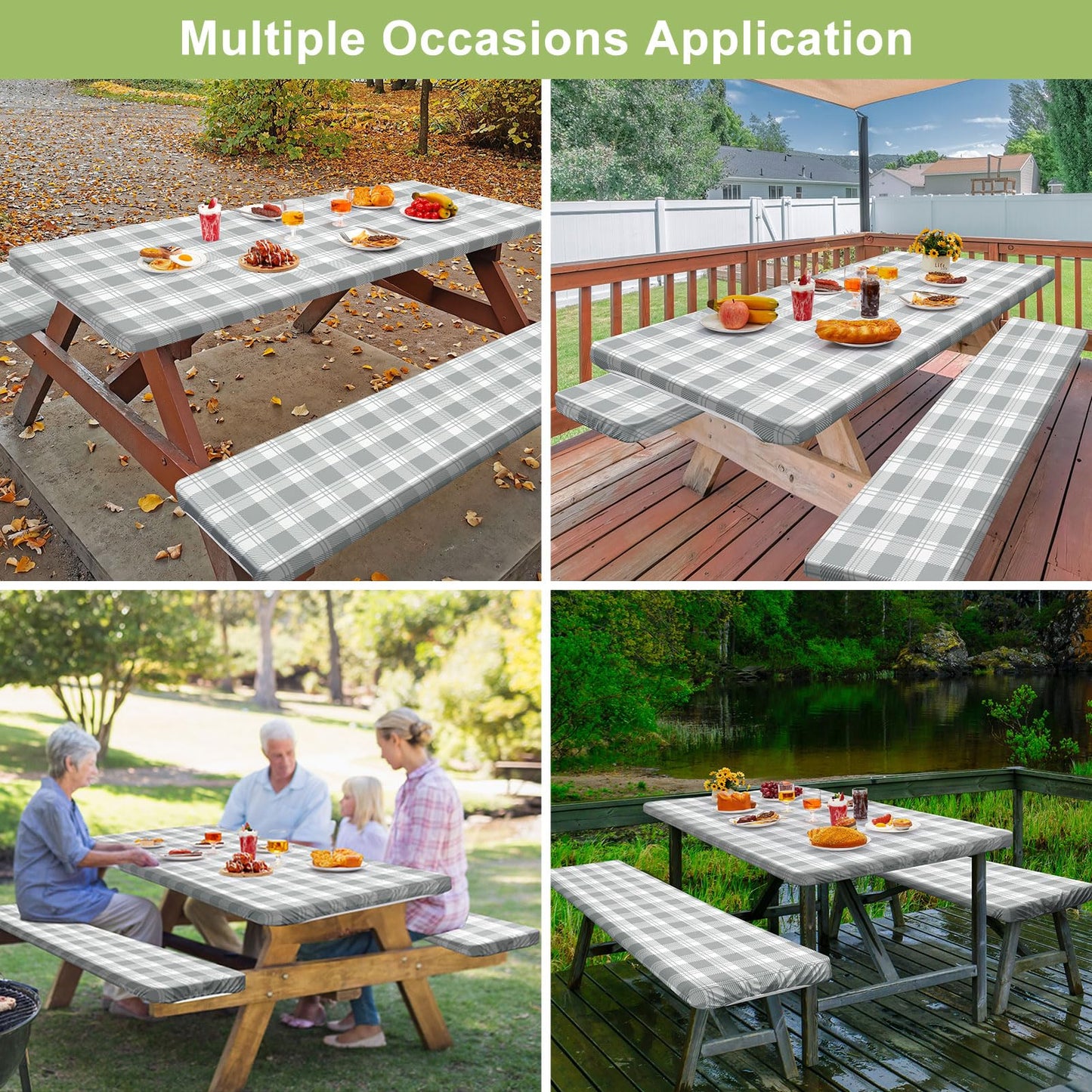 Picnic Table Cover with Bench Covers Camping Essentials Waterproof Windproof Camping Tablecloth with Drawstring Bag, Fitted Rectangle Tables and Seats, 72in, Grey Checkered