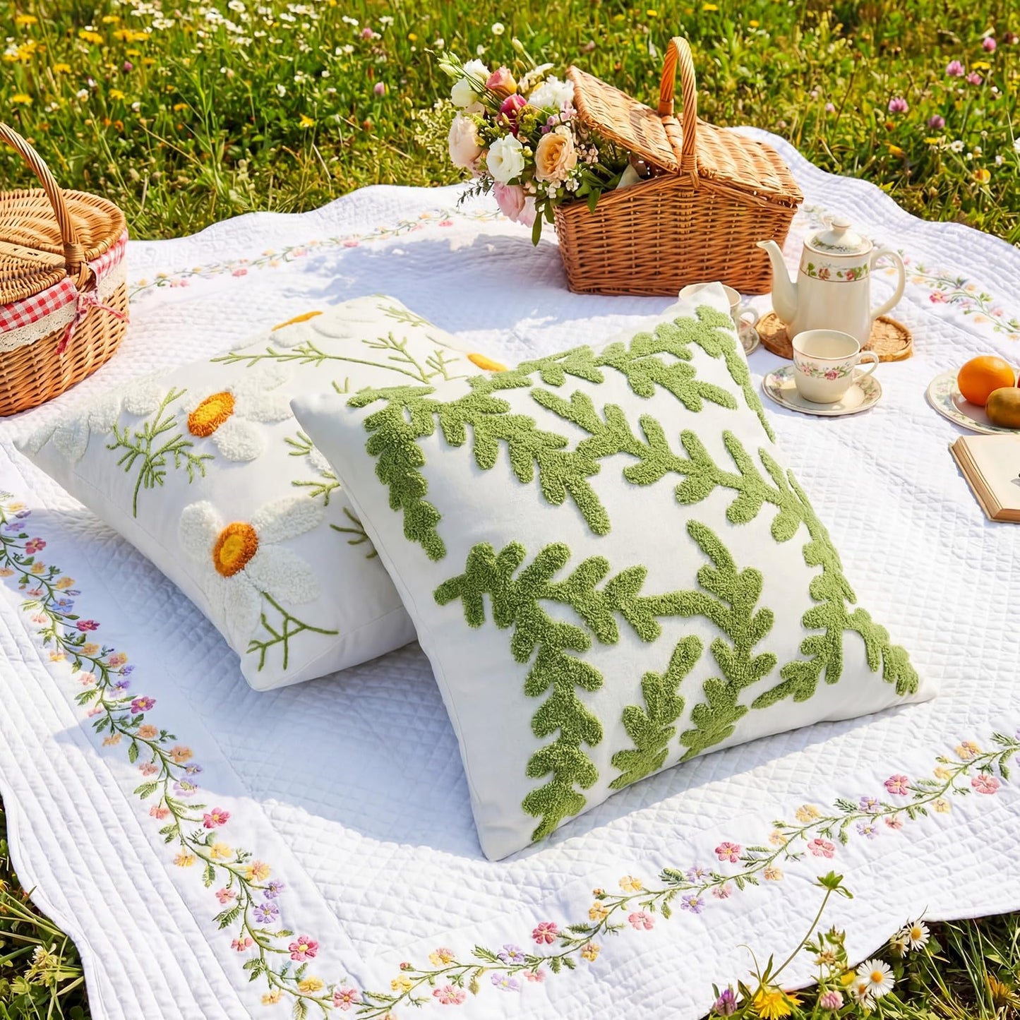 Fourluoo 4 Pcs Daisy Embroidered Throw Pillow Covers 18x18 Daisy Decorative Pillow Cover with Zipper Spring Floral Tufted Cushion Pillowcase for Bed Couch Sofa Living Room