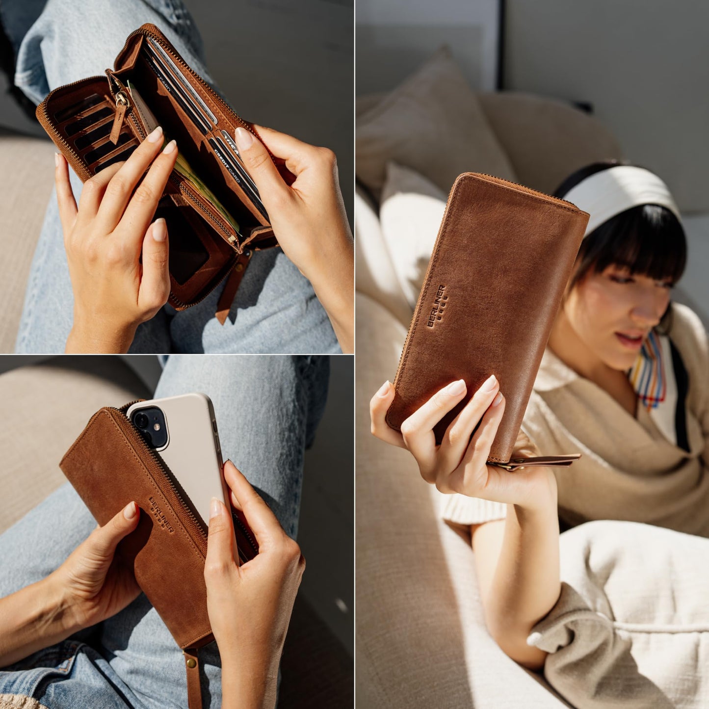 BERLINER BAGS Vintage Genuine Leather Wallet Margo, RFID Blocking Credit Card Holder, Slim Womens Wallet, Zip Around Wallet for 13 Cards and ID window, Bills, Coins - Brown
