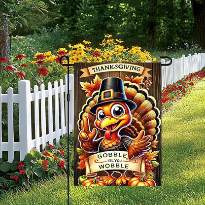 Thanksgiving Turkey Garden Flag 12x18 Inch Welcome Gobble Til You Wobble Outdoor Flag Double Sided Fall Autumn Yard Banner with Cartoon Pilgrim Turkey and Pumpkins for Porch Lawn Patio
