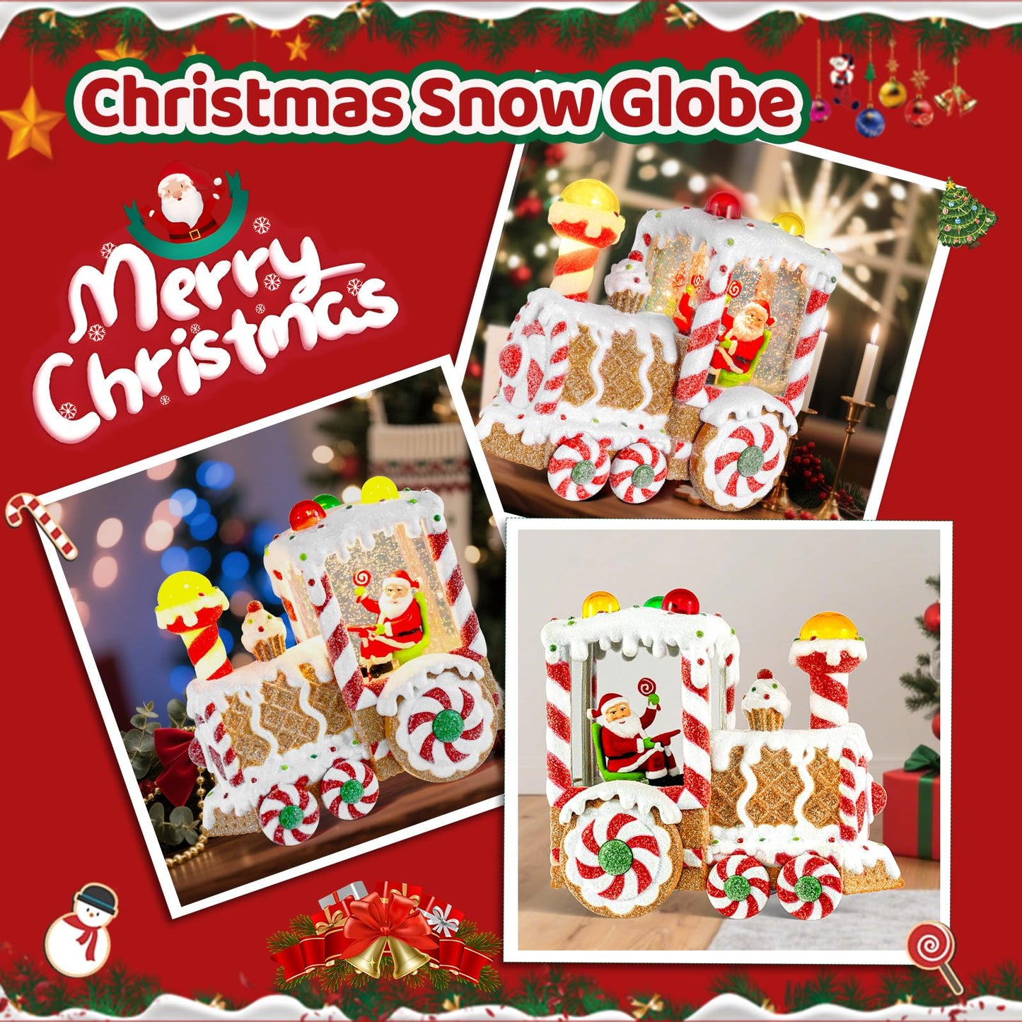 Christmas Snow Globes Dessert Train Water Glittering Lantern with 6H Timer Function Santa Snow Globe Christmas 3 AA Battery Operated for Xmas Festival Decorations Gifts (Dessert Train)