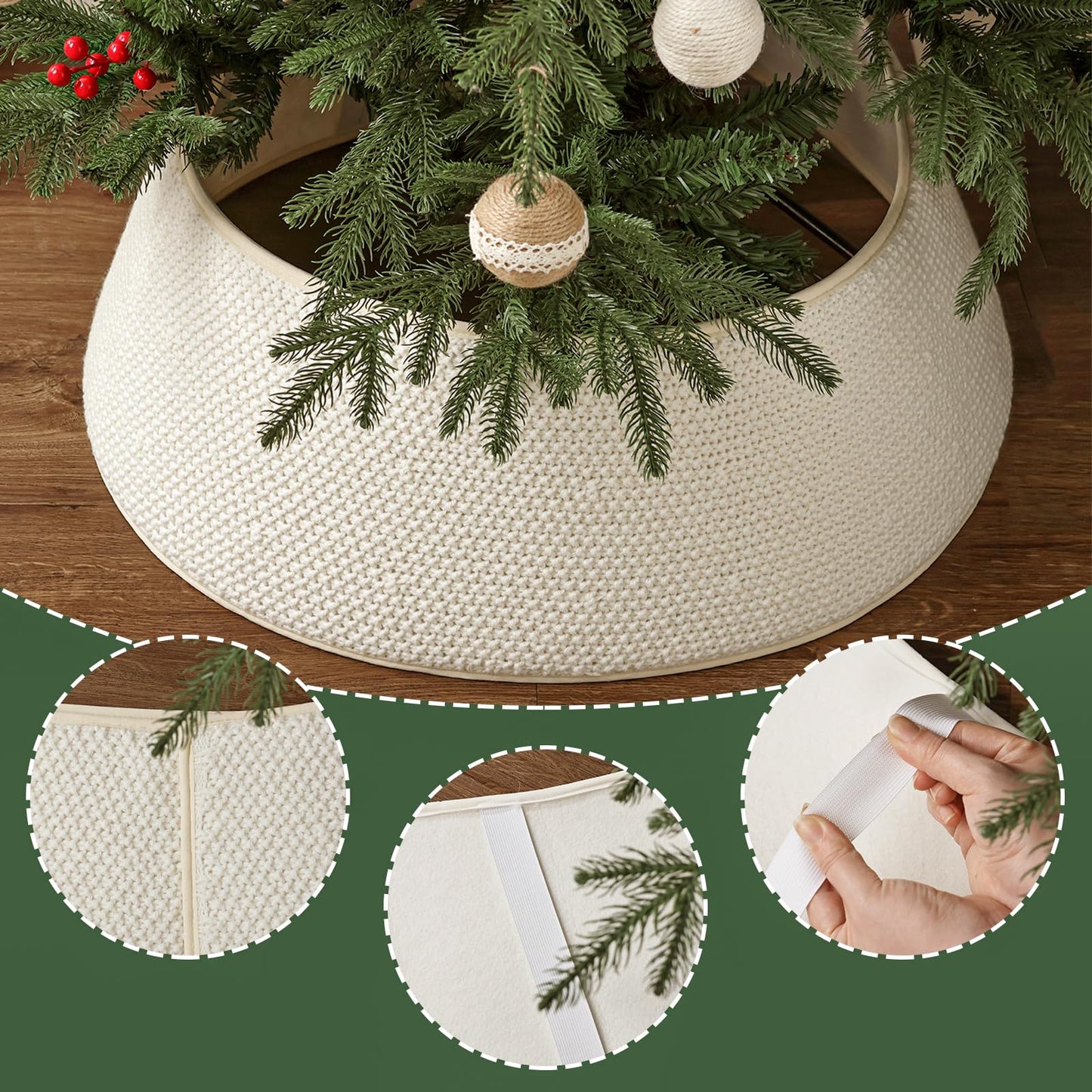 Knitted Christmas Tree Collar: Cream White Linen Knit Full-Cover Crochet Tree Ring, Rustic Size Adjustable Thick Chunky Christmas Tree Base Cover for Artificial Trees Xmas Holiday Home Decor Gifts