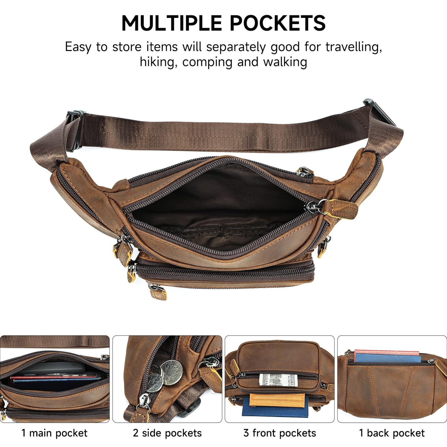 Crazy Horse Leather Mens Fanny Pack for Women Belt Bag Purse Running Waist Pack for Phone Bum Hip Bags Shoulder Crossbody Bags