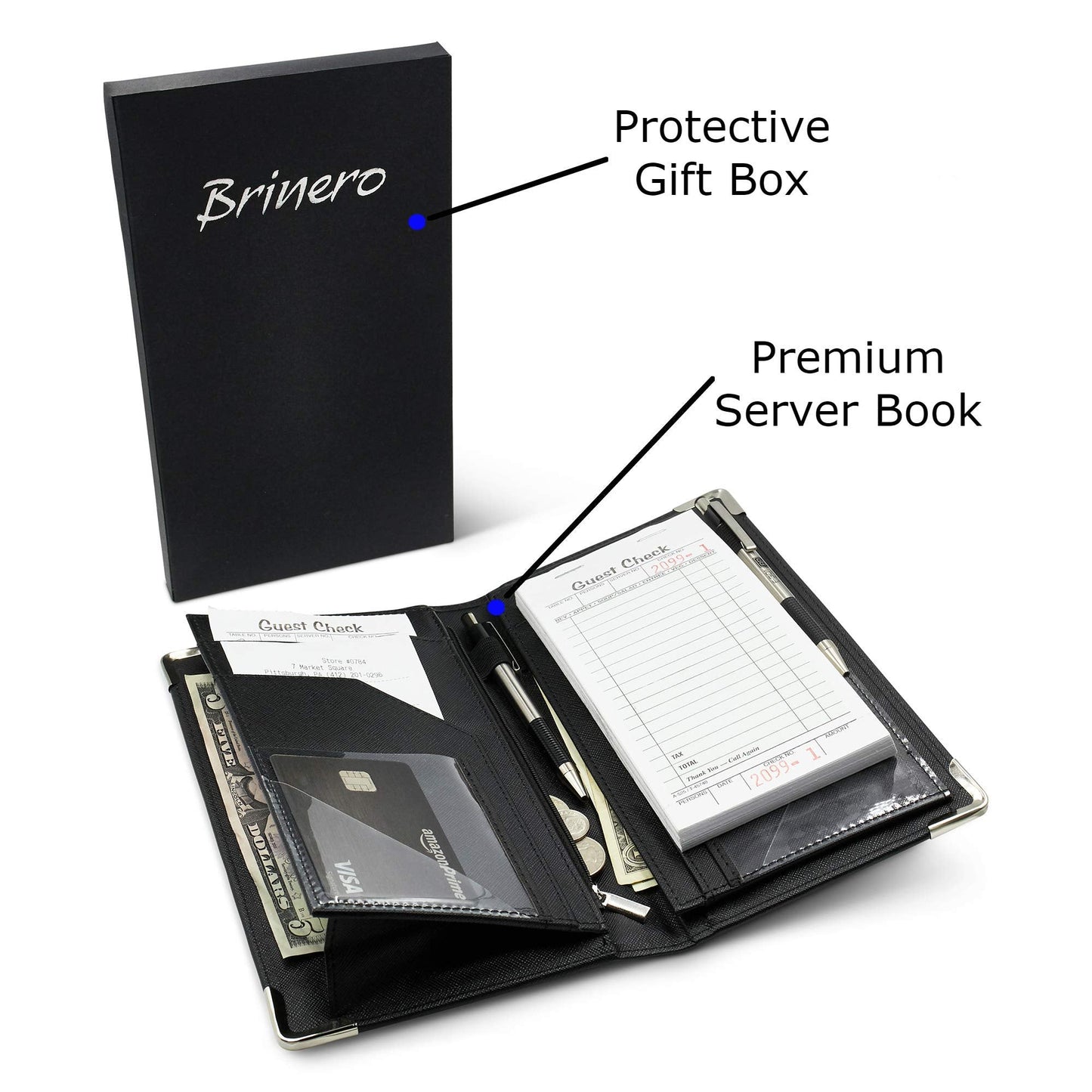 Brinero Premium Server Book, Newly Improved Bulk Pockets Stronger Magnets, 2 Pen Holders, Zipper Pocket, Firm Writing Surface