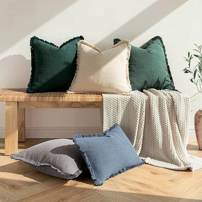 MIULEE Decorative Throw Pillow Covers Neutral Linen Fringe Throw Pillows Set of 2 Greyish Green Boho Farmhouse Cushion Covers with Tassels for Couch Sofa Bed Living Room Spring Home Decor 18x18 Inch