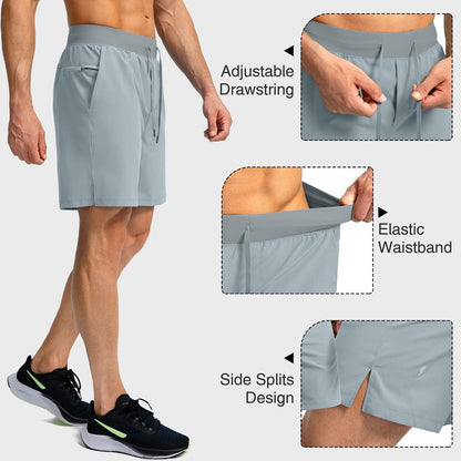 Soothfeel Men's Running Shorts with Zipper Pockets 7 Inch Lightweight Quick Dry Gym Athletic Workout Shorts for Men (Light Grey2, XXL)