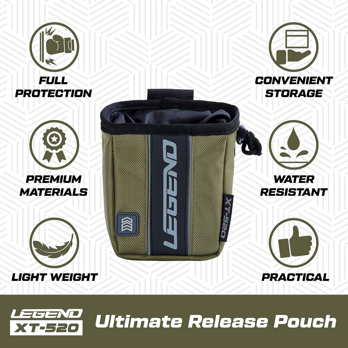 LEGEND XT520 Quick Release Pouch & Finger Tab Bag - Interior Divider for Better Organization & Storage of Release Aids - Attaches to Standard 2" Belt - Quick Drawstring Closure (Army Green)