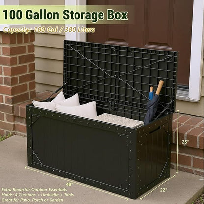 Outdoor Storage Box, 100 Gallon Deck Box Outdoor Storage Bench Outside Waterproof Resin Storage Bench, Lockable Patio Cushions, Garden Tools Storage For Furniture, UV Resistant(Black)