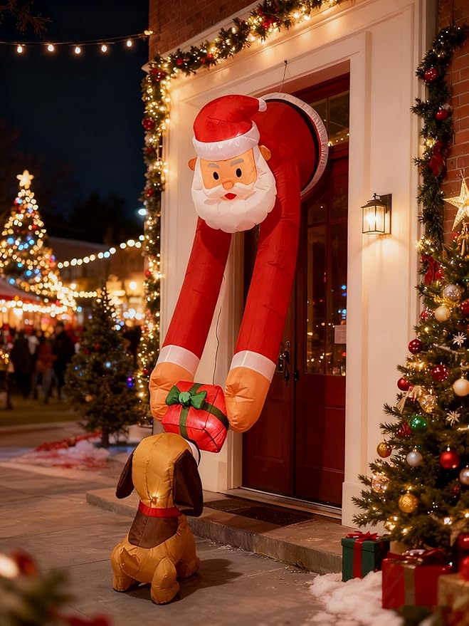 7ft Christmas Inflatable Santa Claus with Puppy and Gift Box - Outdoor Holiday Decor for Christmas, Ideal for Front Yard and Doorway