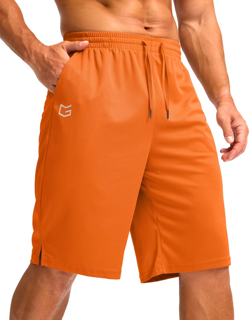 G Gradual Men's Athletic Shorts with Pockets 11" Long Basketball Shorts Lightweight Quick Dry Gym Workout Shorts for Men(Orange,L)