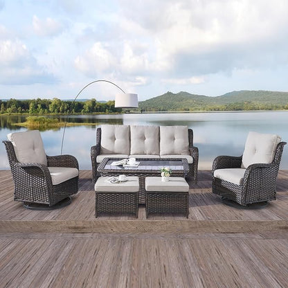 Rilyson Wicker Patio Furniture Set - 6 Piece Rattan Outdoor Sectional Conversation Sets with 2 Swivel Rocking Chairs,2 Ottomans,1 Sofa and 1 Coffee Table for Porch Deck Garden(Brown/Beige)