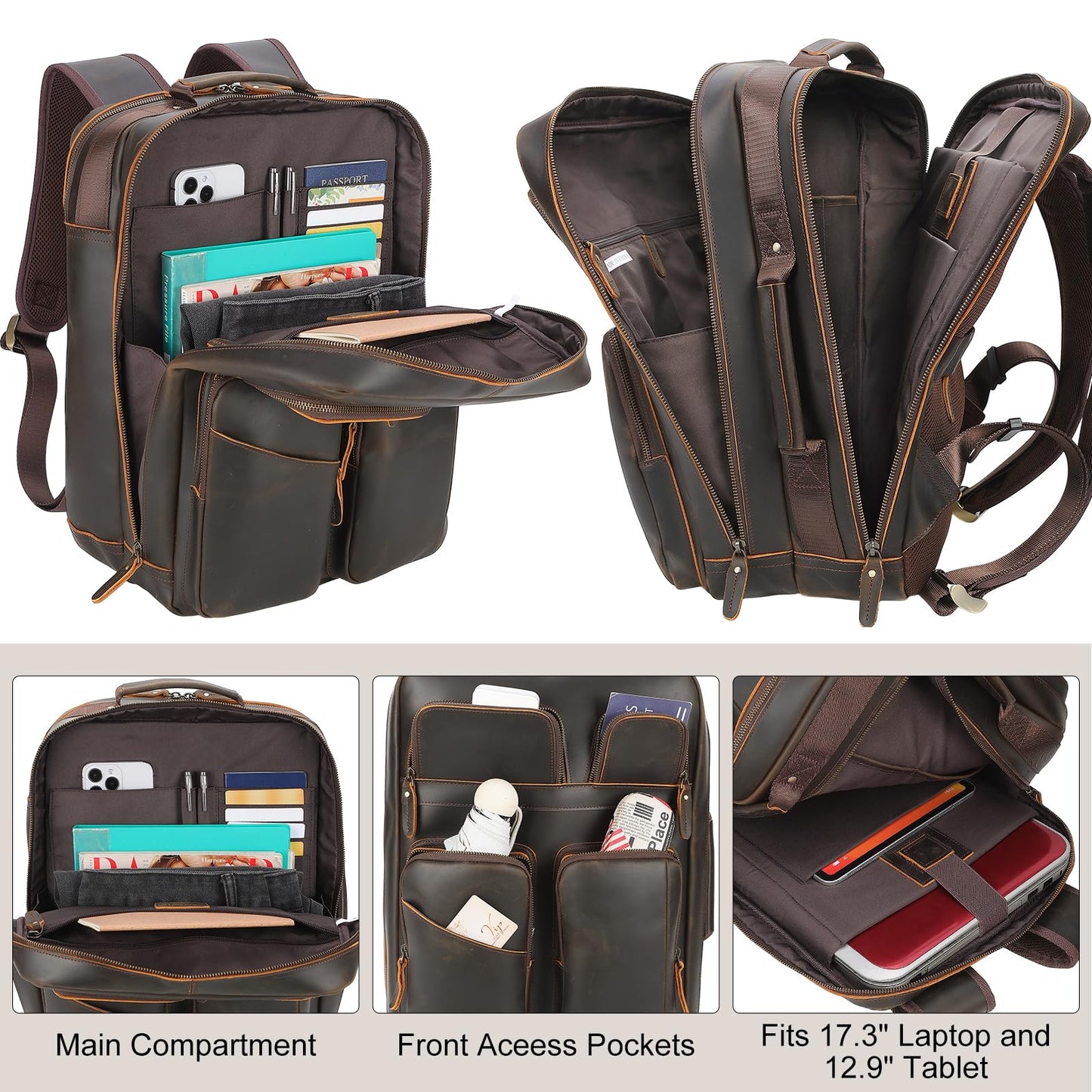 TIDING 17.3" Full Grain Leather Laptop Backpack for Men Multi Pockets Casual Daypack Business Travel Rucksack