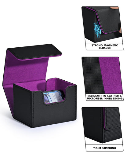 ZLCA Card Deck Box for Trading Cards, MTG Commander Deck Box Holds 120+ Single Sleeved Cards, Leather Magnetic Card Storage Box Fits for Magic the Gathering TCG CCG(Black& Purple)